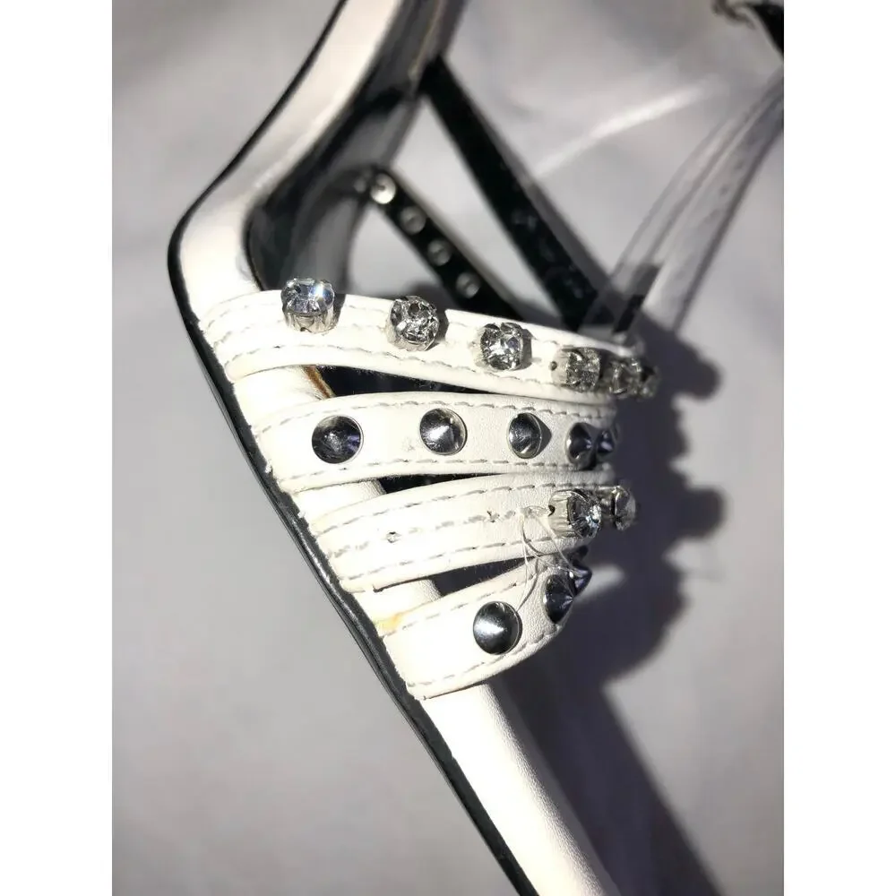 Zara Studded High Heel Sandals Size 38 White Silver Crystals Square Toe 7.5 US